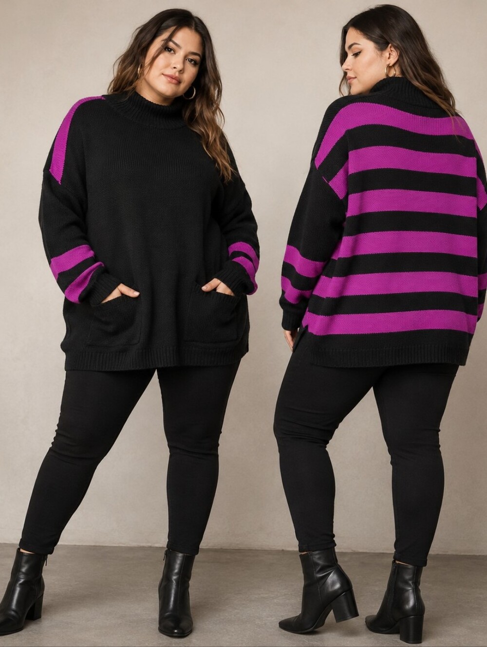 Esprit Sport Vintage Black & Magenta Oversized M-XL Mock Neck Sweater 80s Vintag